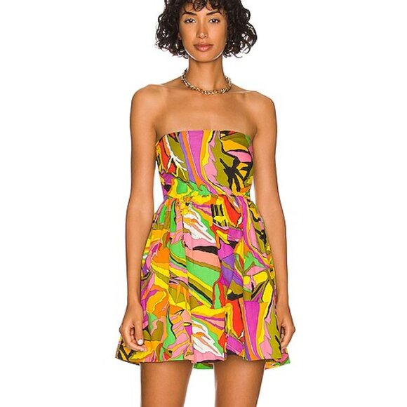S/W/F Birds of Paradise strapless abstract cotton babydoll tropical Mini Dress M - Picture 1 of 13